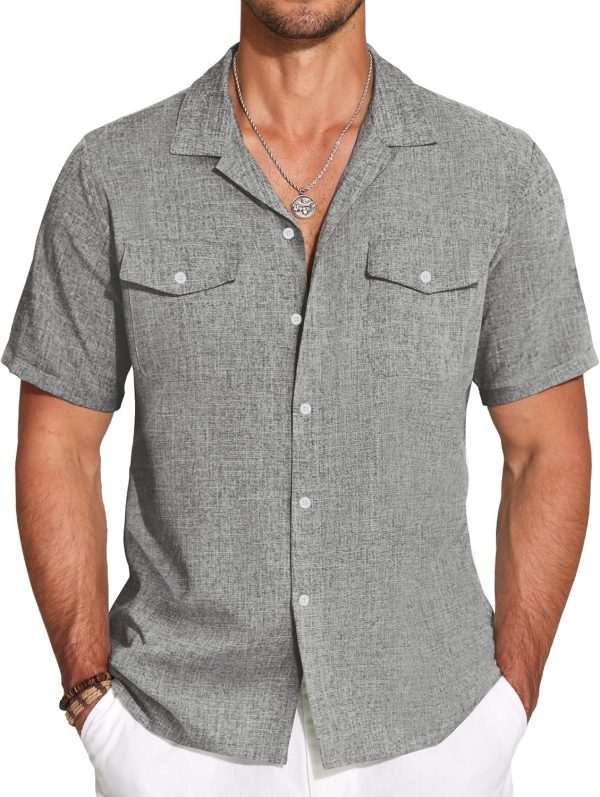Men's Linen Short Sleeve Button Down Shirt Casual Cuban Collar Summer Beach Shirts Vacation Essentials