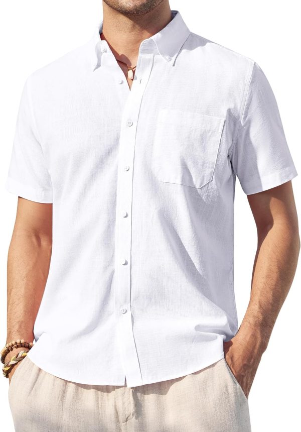 Mens Linen Shirt Short Sleeve Casual Cotton Button Down Shirts Collared Summer Beach Shirts