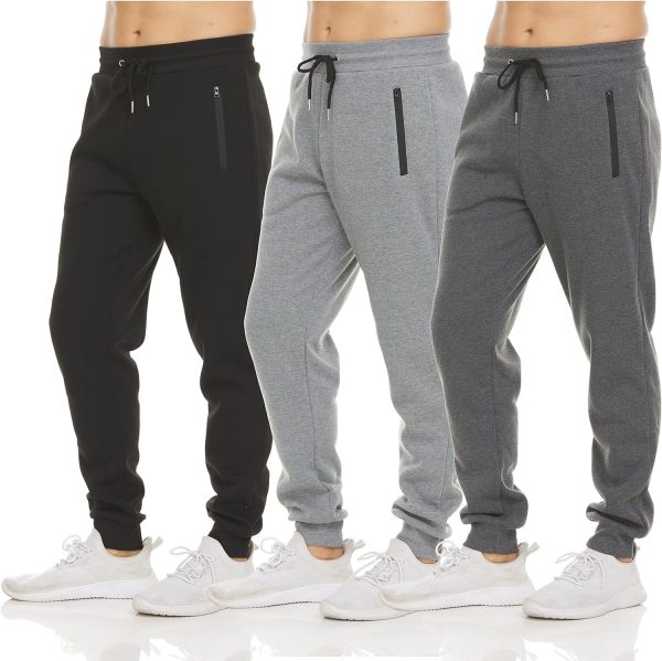 Mens 3 Pack Fce Active Athletic Workout Jogger Sweatpants for Men with Zipper Pocket and Drawstring Size S-3XL